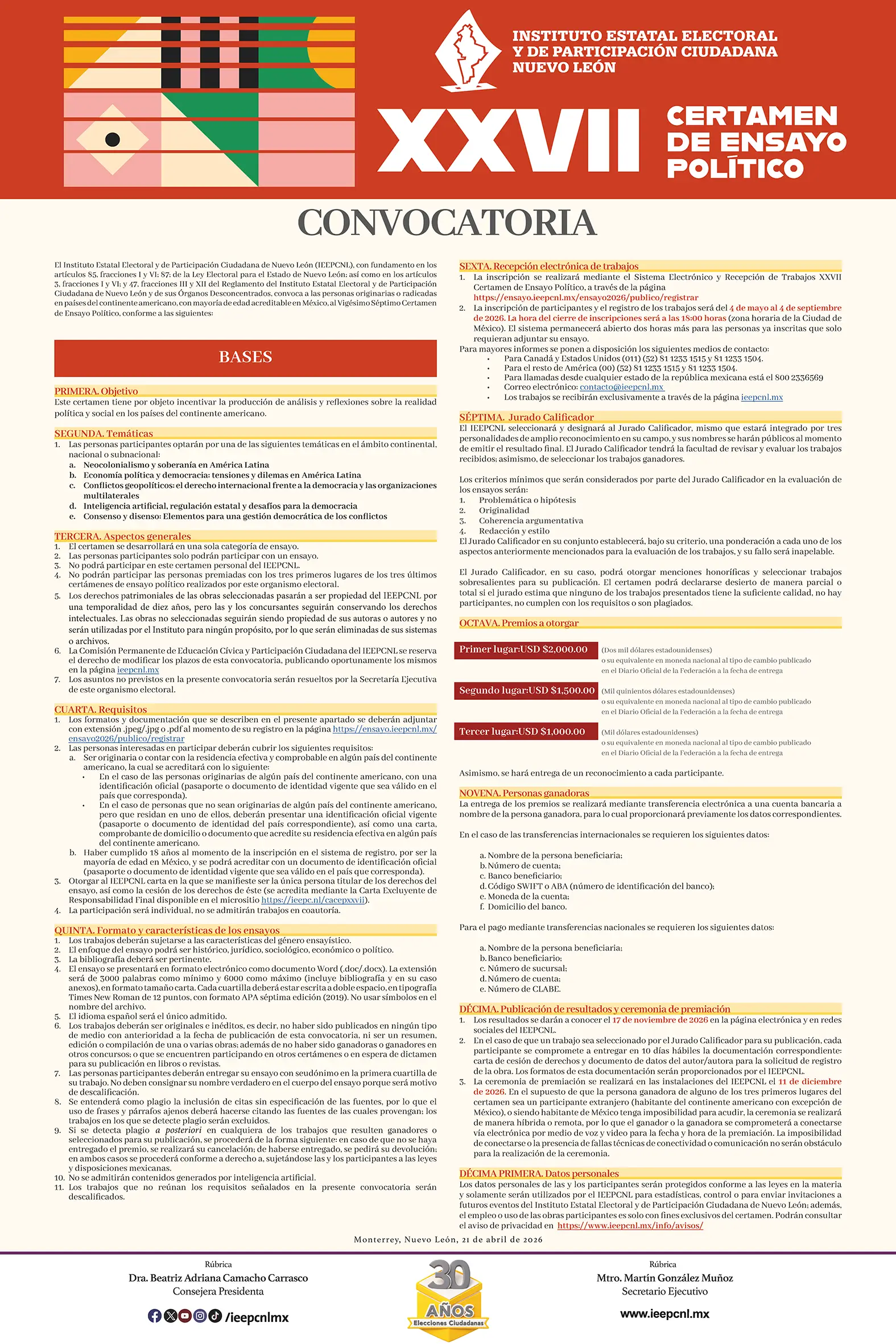 Convocatoria Certamen de Ensayo Político